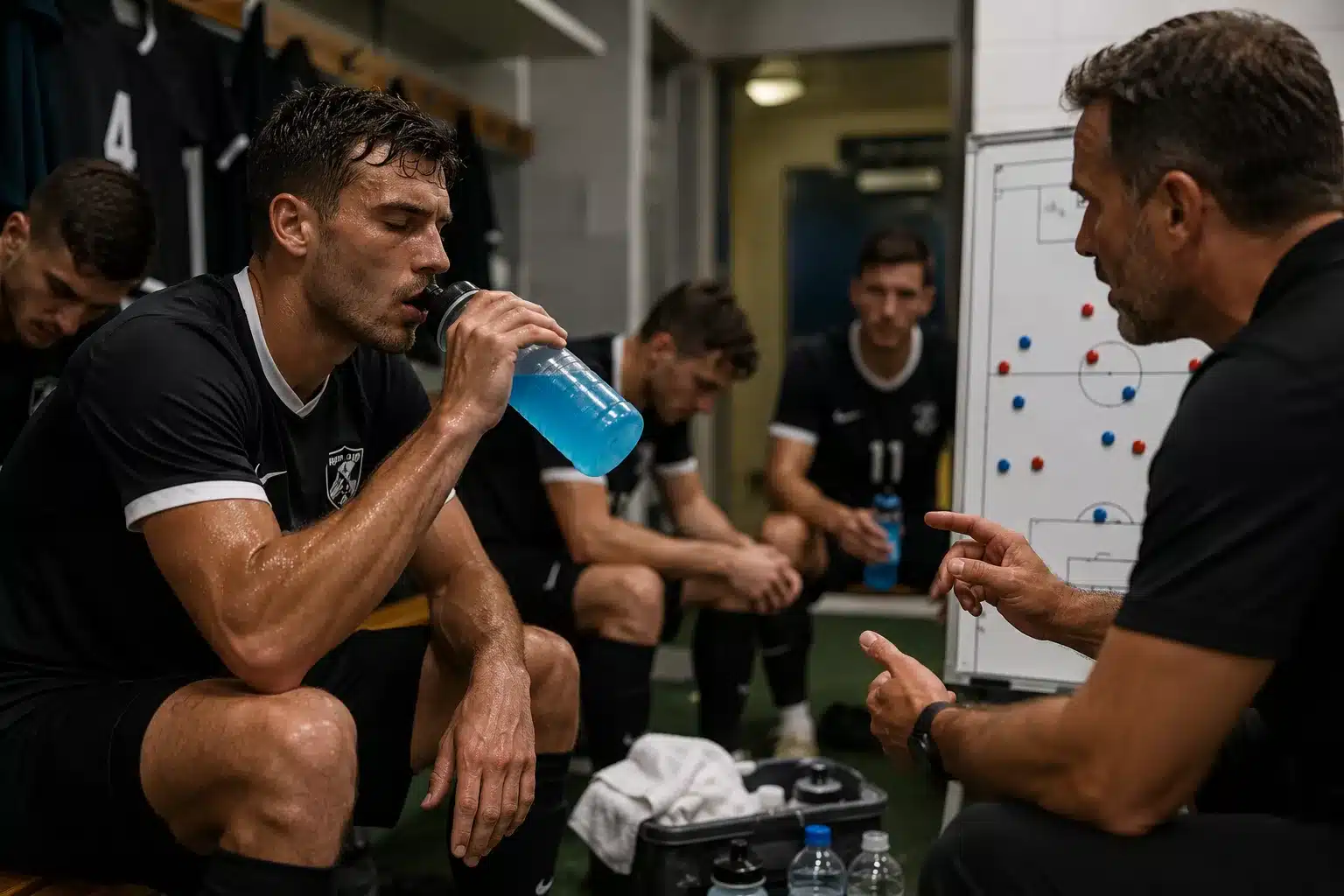 Footballeur consommant une boisson isotonique à la mi-temps d'un match de football