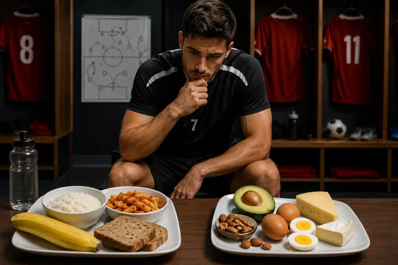 Footballeur hésitant entre alimentation riche en glucides et régime low-carb avant un match.