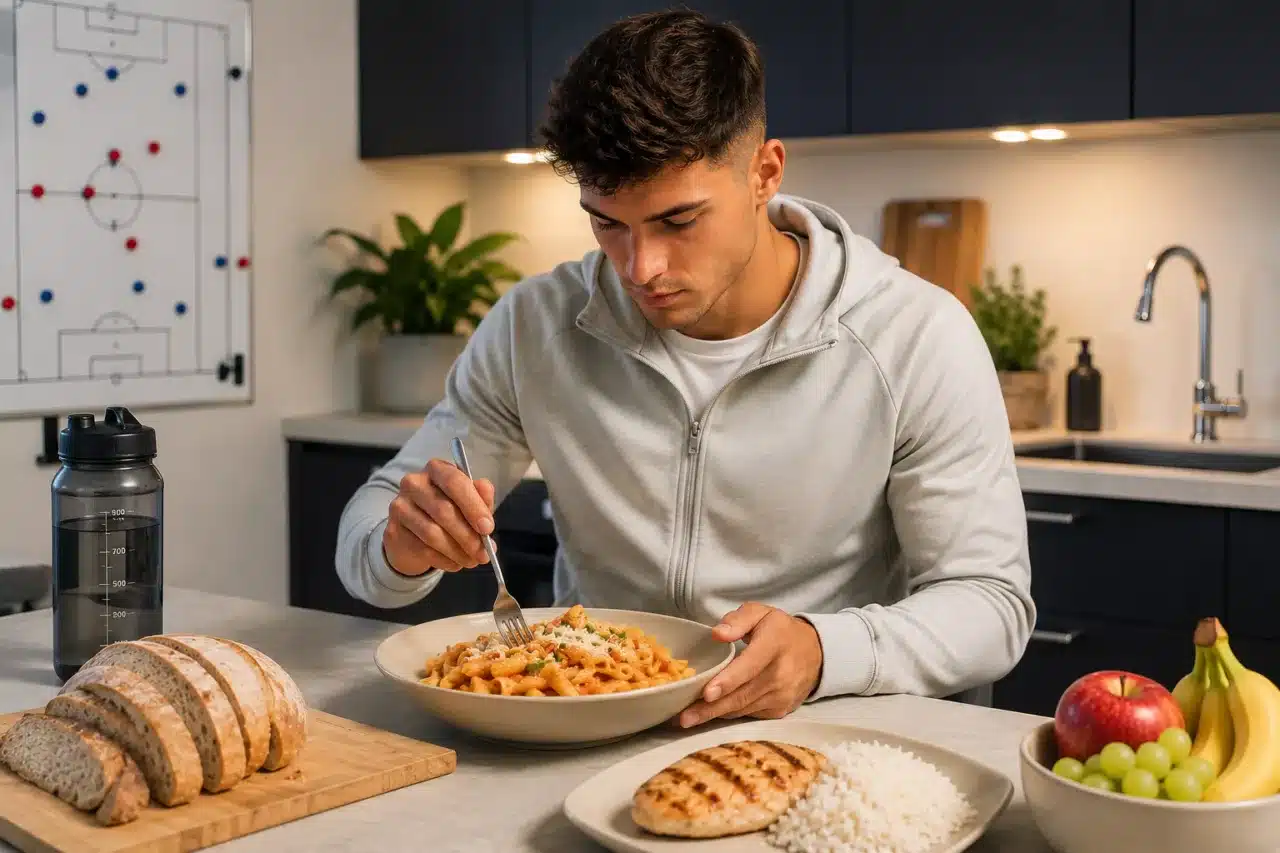 Footballeur préparant son repas la veille d'un match de football