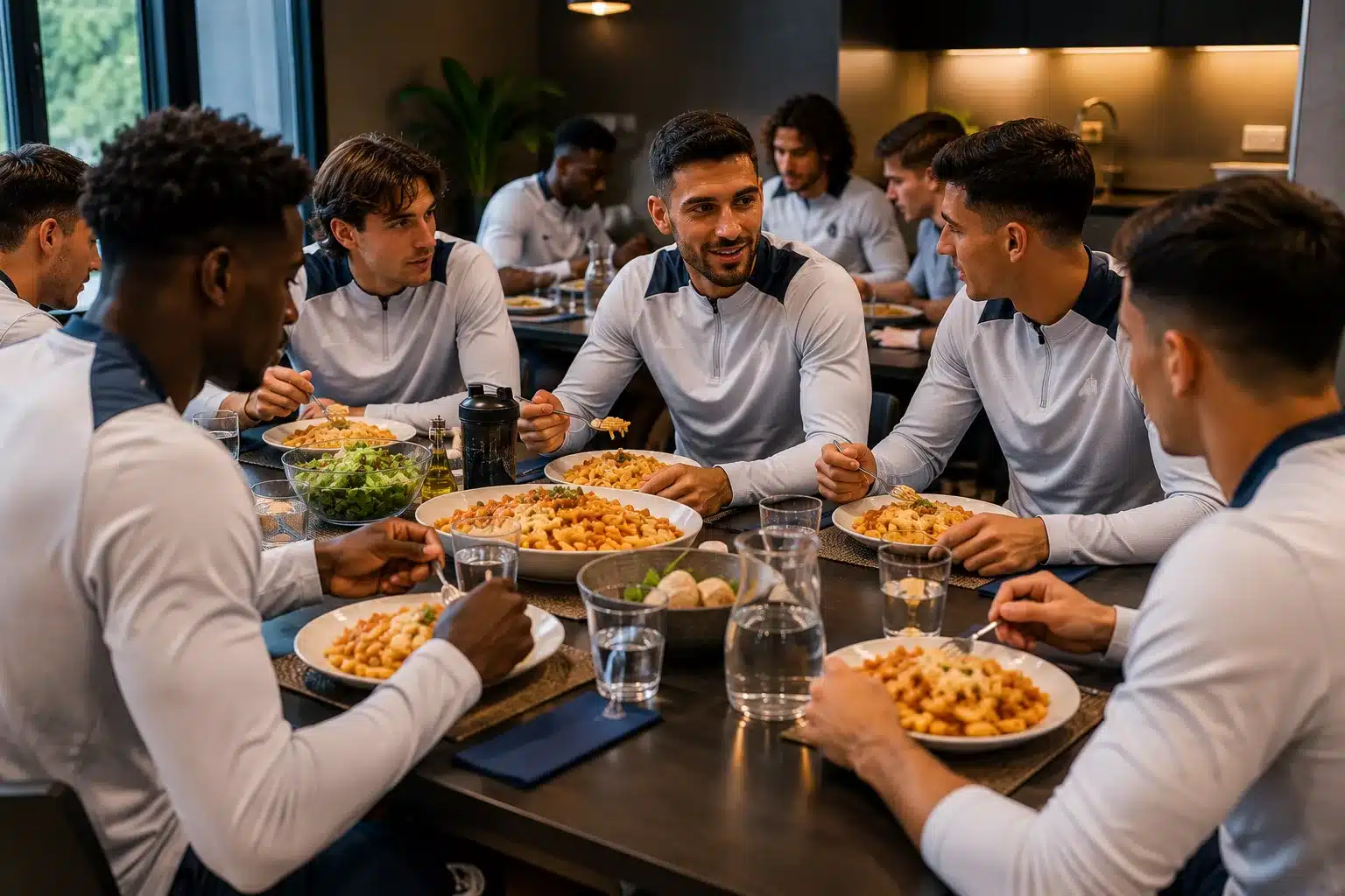Repas collectif d'une équipe de football avant compétition