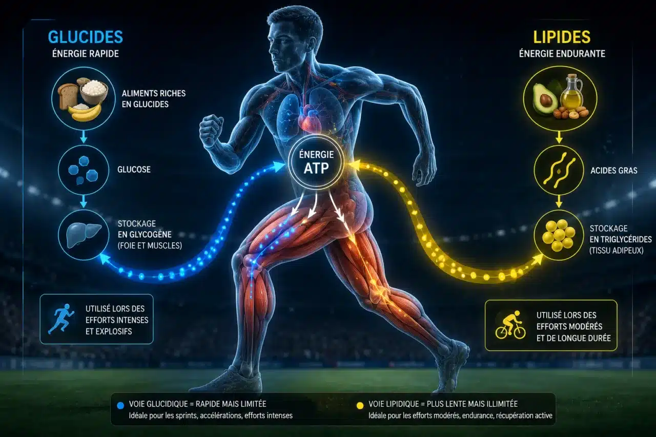 Utilisation des glucides et des lipides comme sources d'énergie chez le sportif.