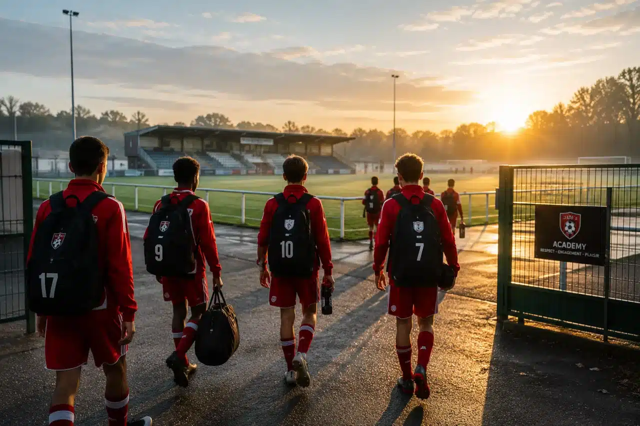 jeunes footballeurs arrivant au stade avant un match