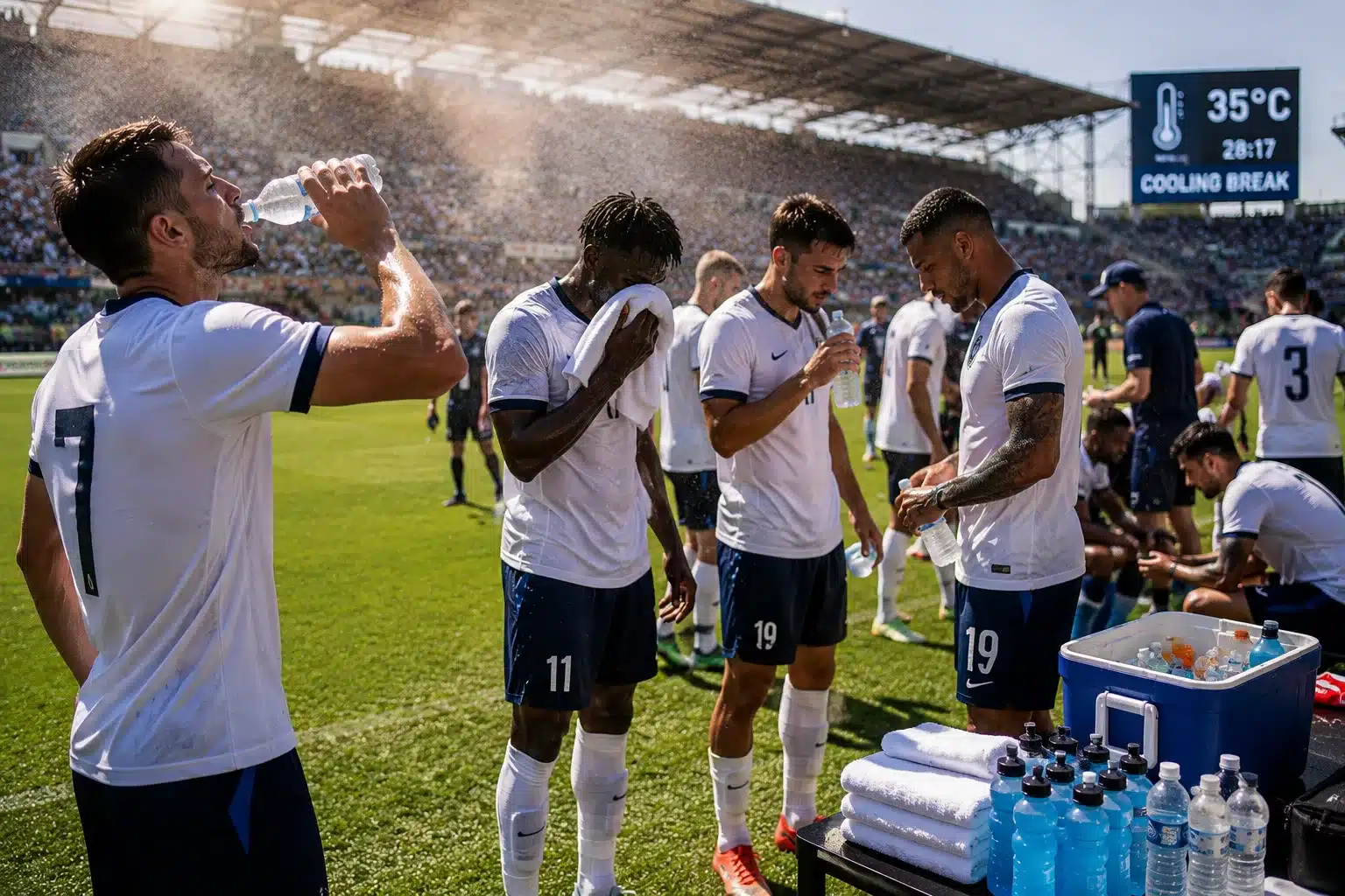 Pause fraîcheur au football pendant un match sous forte chaleur