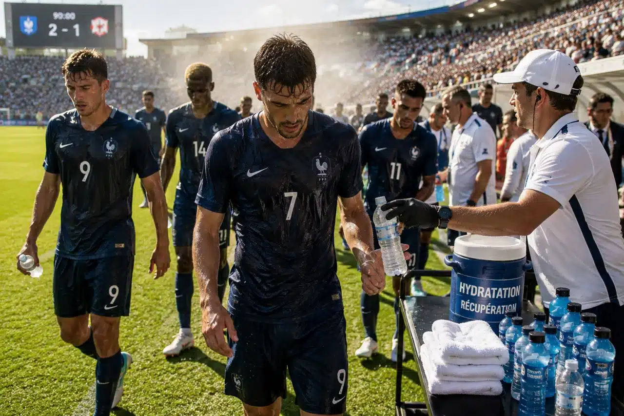 Récupération des footballeurs après un match disputé sous forte chaleur