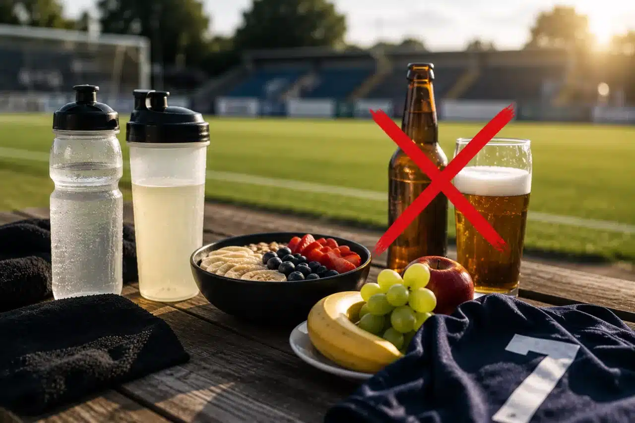 Boisson de récupération et hydratation privilégiées face à une bière après un match