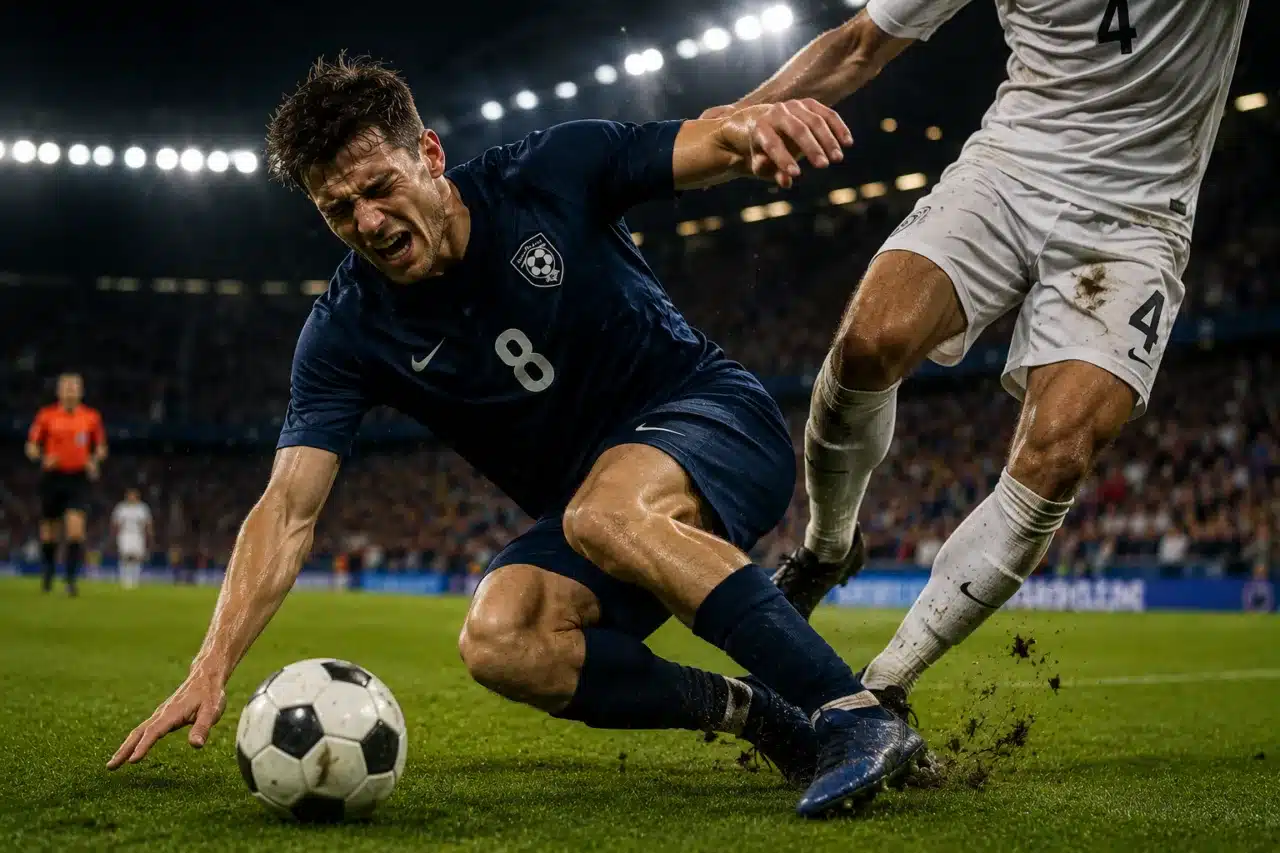 Duel de football illustrant le risque accru de blessure lié à l'alcool