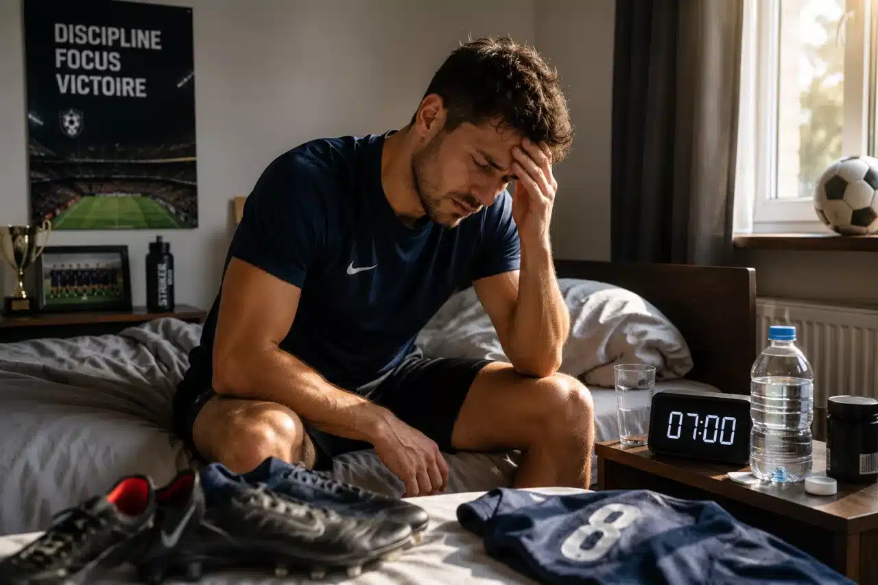 Footballeur fatigué après une soirée alcoolisée avant un entraînement