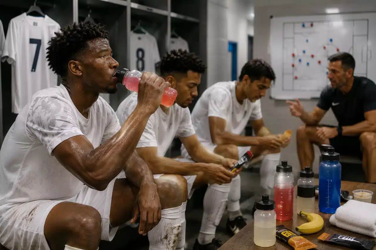 Footballeurs à la mi-temps consommant glucides et boisson pour tenir 90 minutes