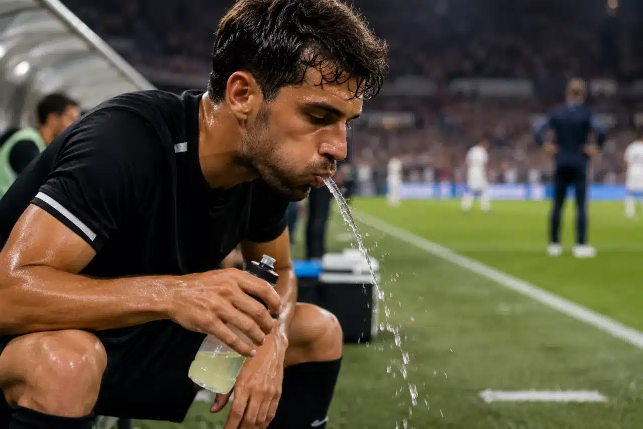 Mouth rinse glucidique avec un footballeur qui recrache la boisson