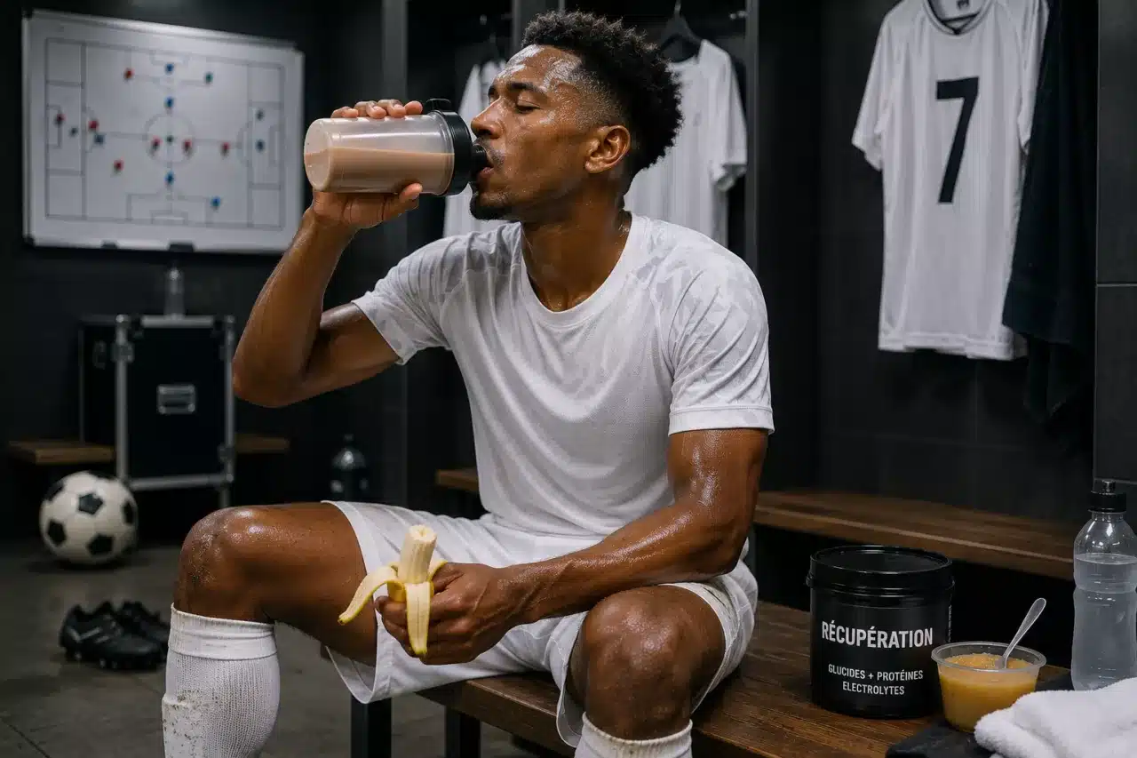 Nutrition de récupération d'un footballeur après un match avec glucides et protéines