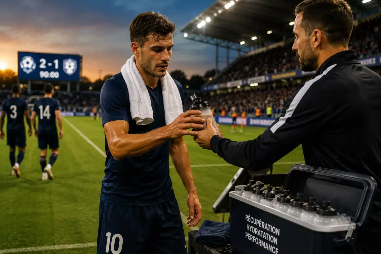 Préparateur physique donnant une boisson de récupération à un footballeur après un match