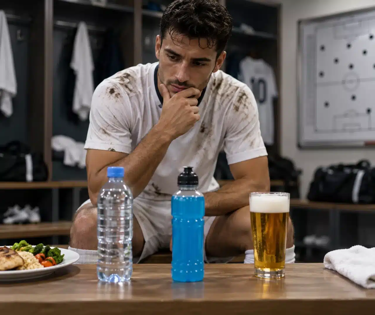 Footballeur choisissant entre eau, boisson de récupération et alcool après un match
