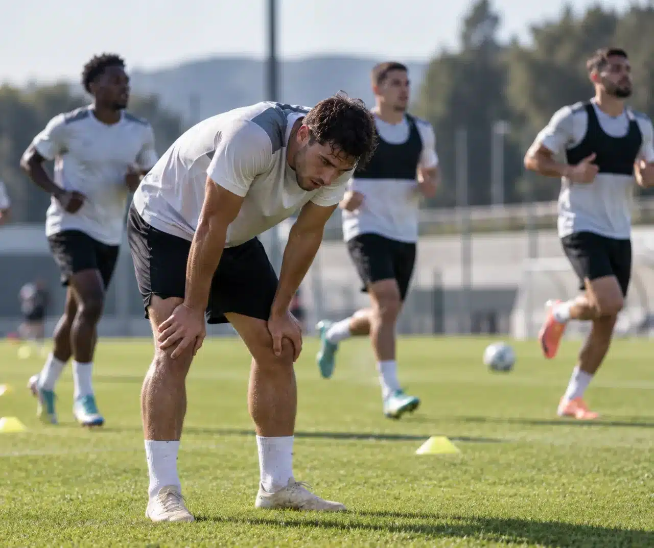Footballeur fatigué à l’entraînement après avoir consommé de l’alcool après un match